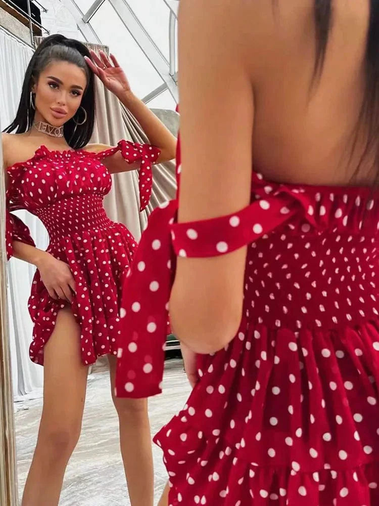 Boho Chic Red Polka Dot Ruched Dress - Sweet and Sexy Off-Shoulder Style