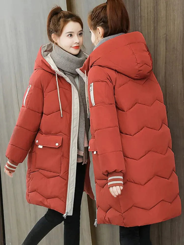 Warmth in Style: Long Hooded Parka for Women, Windproof Winter Jacket with Down Cotton, Ideal for Casual Wear