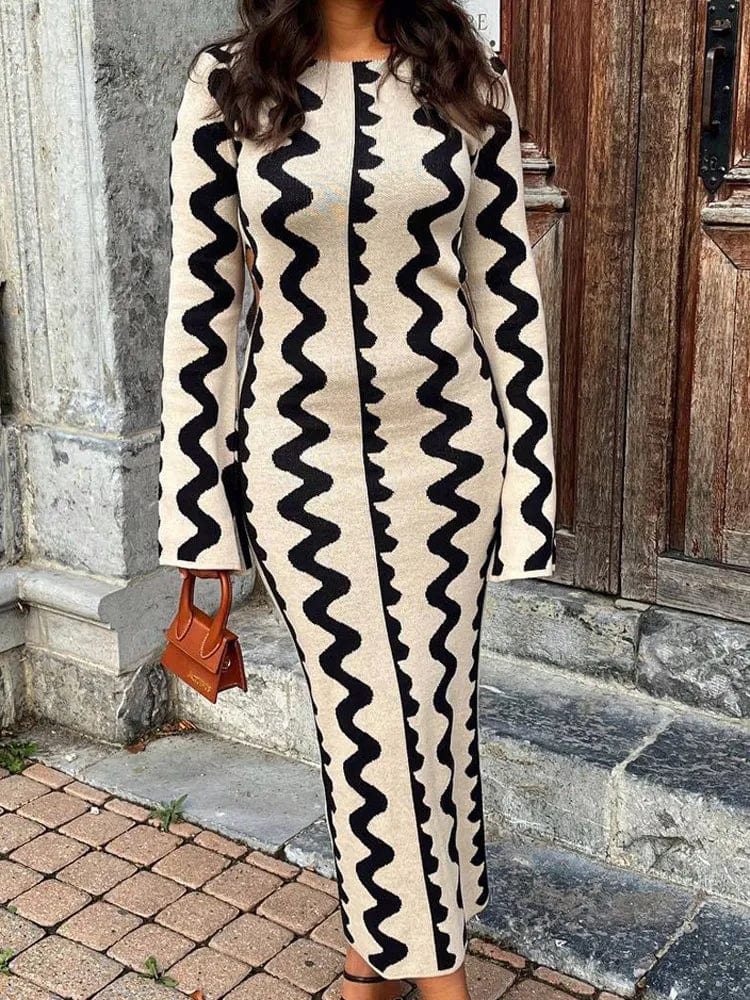 Women’s Elegant Striped Knitted Slim Maxi Dress Pattern Bodycon