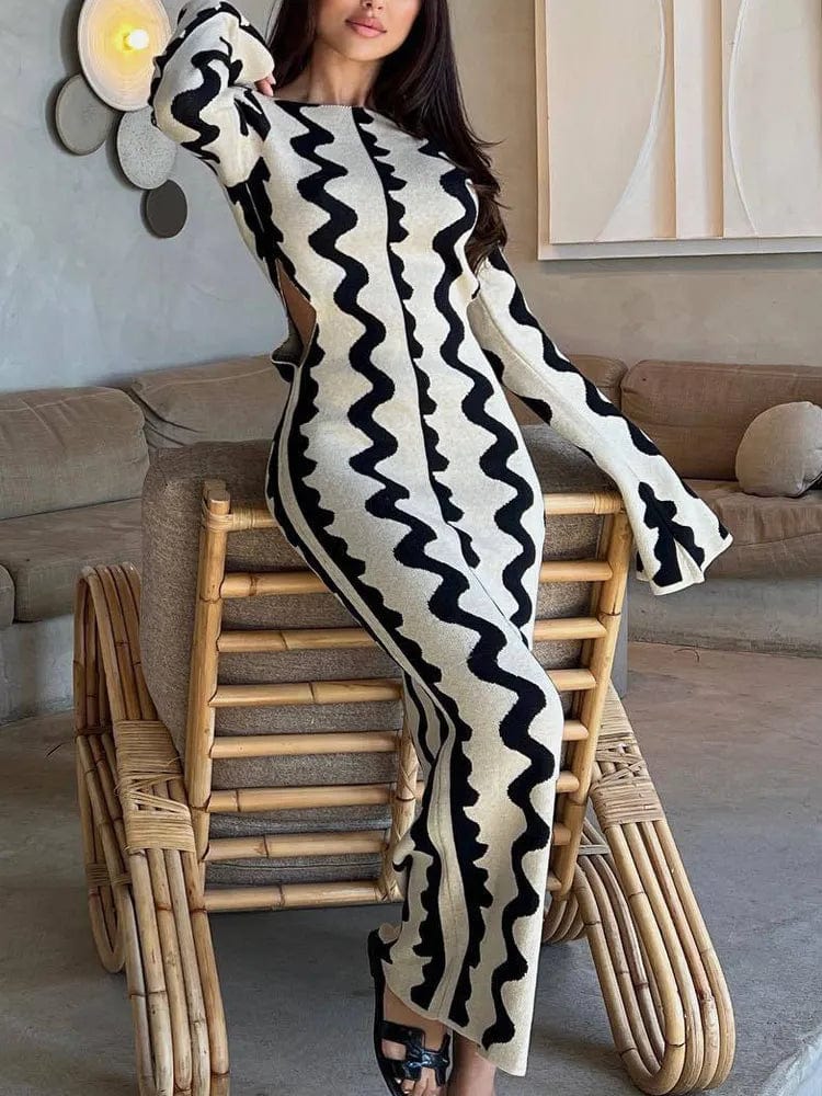 Women's Elegant Striped Knitted Slim Maxi Dress Pattern Bodycon