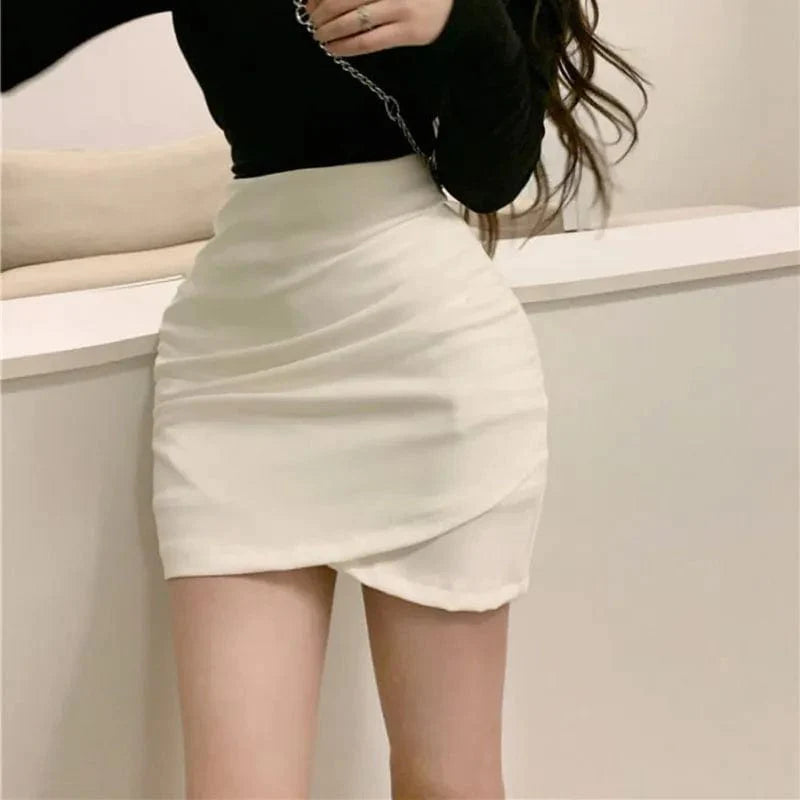 Luxury Solid High Waist Irregular Folds Hip Wrap Mini Skirt - Sexy Slim Short Pencil Skirt for Women