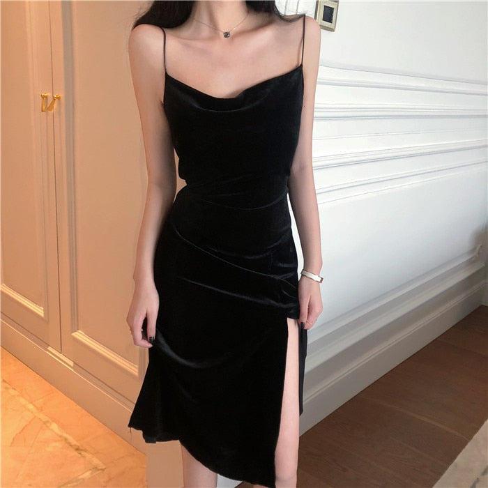 Black Velvet Slit Midi Dress