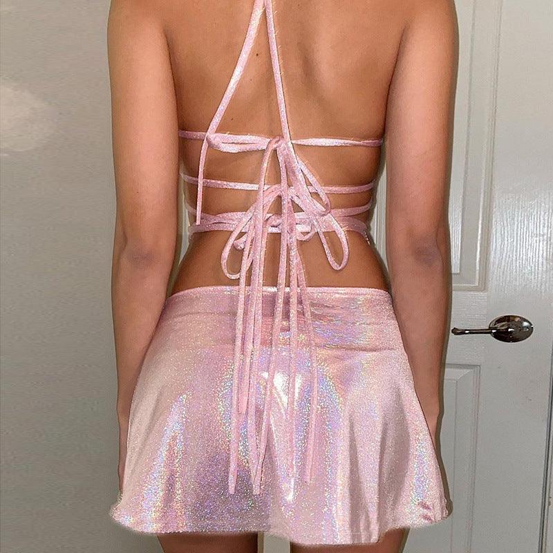 Pink Sequin Bralette and Skirt Tie Up Two Piece Set