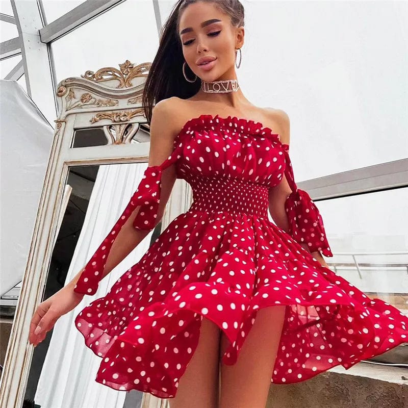 Boho Chic Red Polka Dot Ruched Dress - Sweet and Sexy Off-Shoulder Style