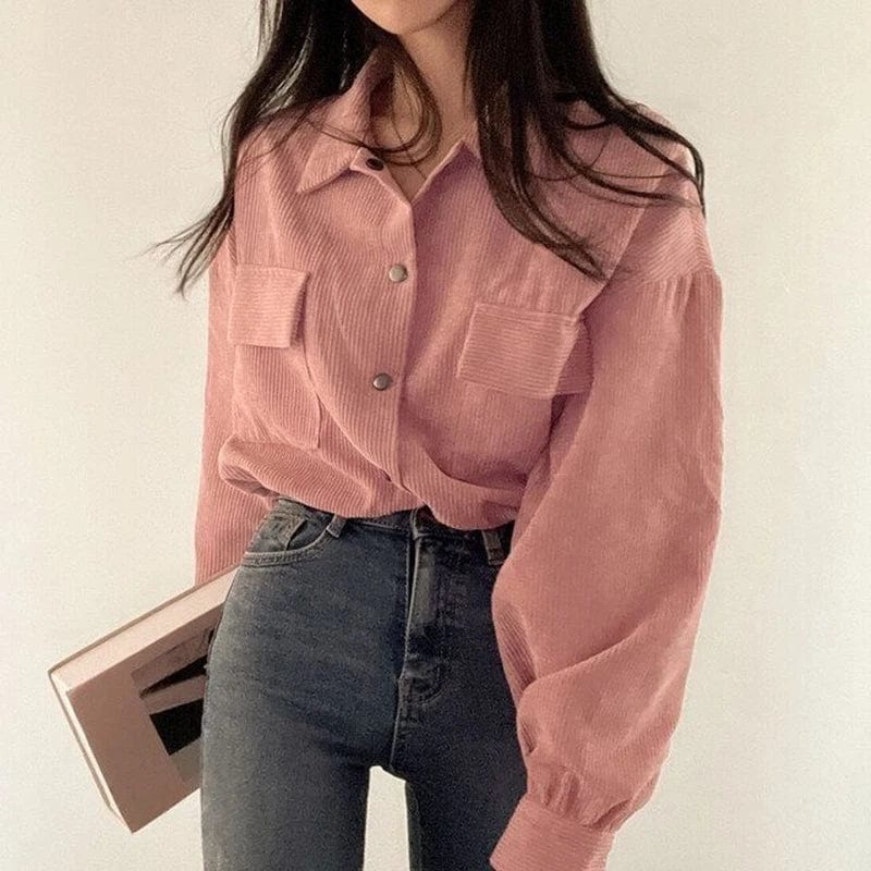 Chic Corduroy Long Sleeve Cropped Women’s Blouse Drawstring and Pockets Short Jacket