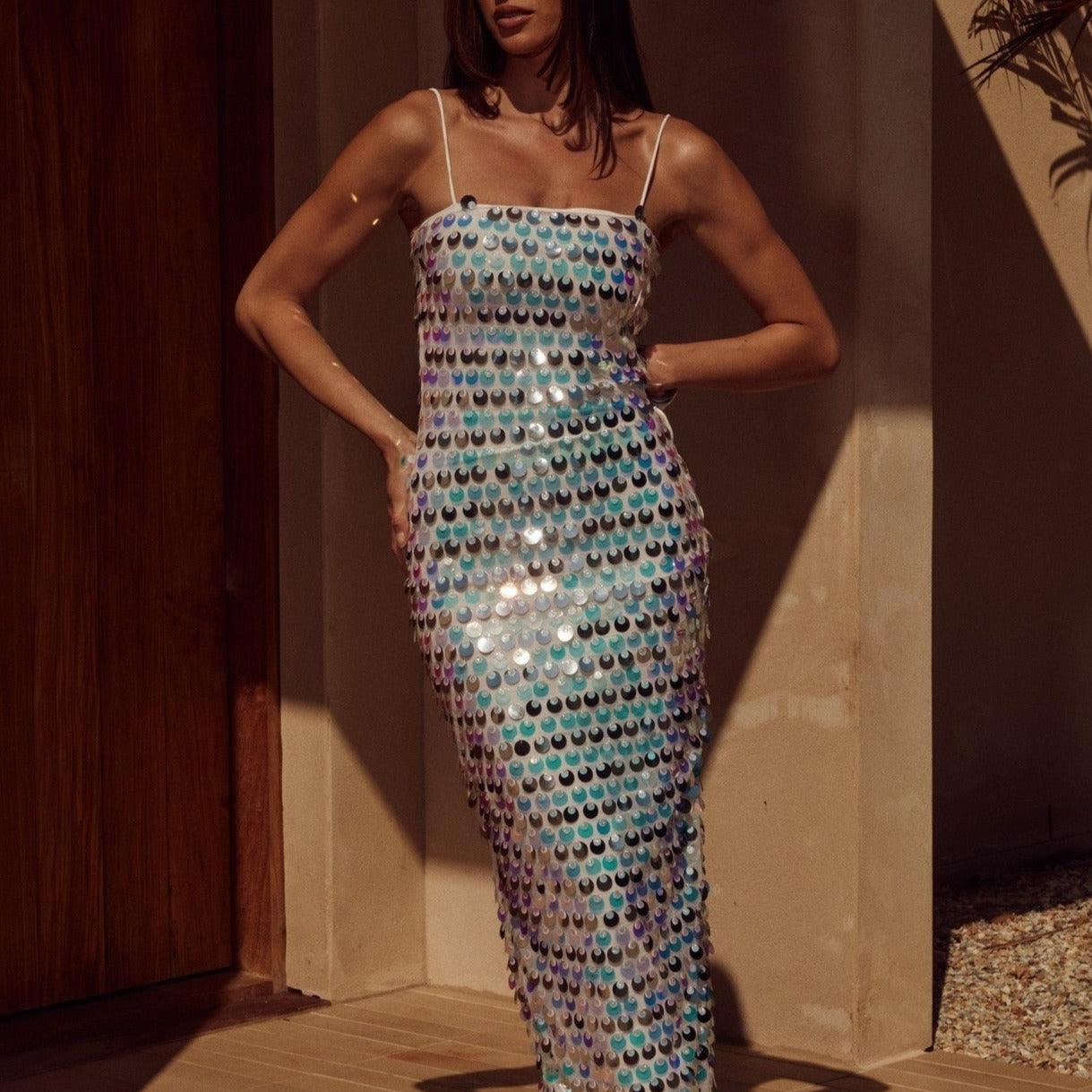 Ariel's Embrace Hologram Sequin Midi Dress
