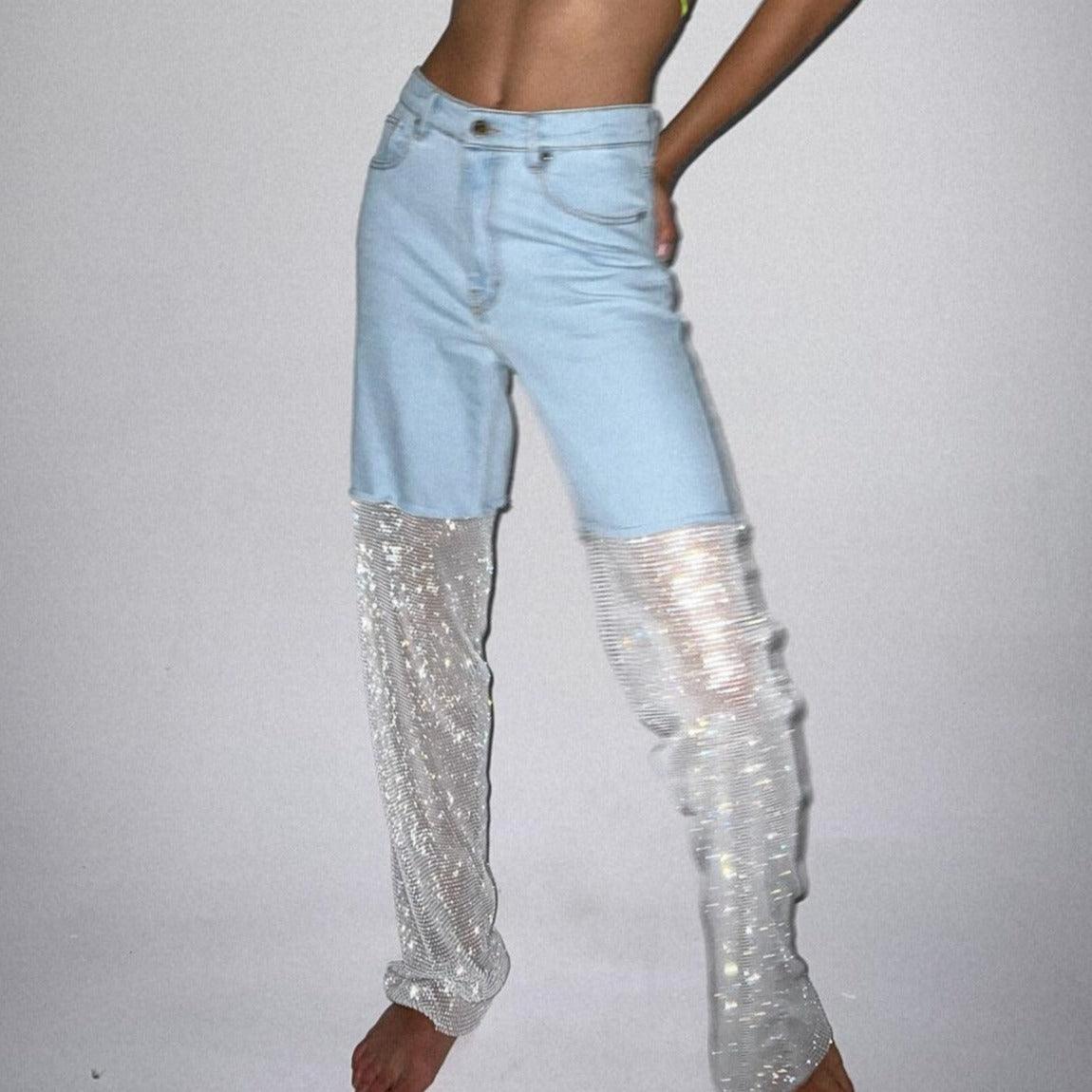 Night Moves Crystal Mesh Wide Leg Jeans