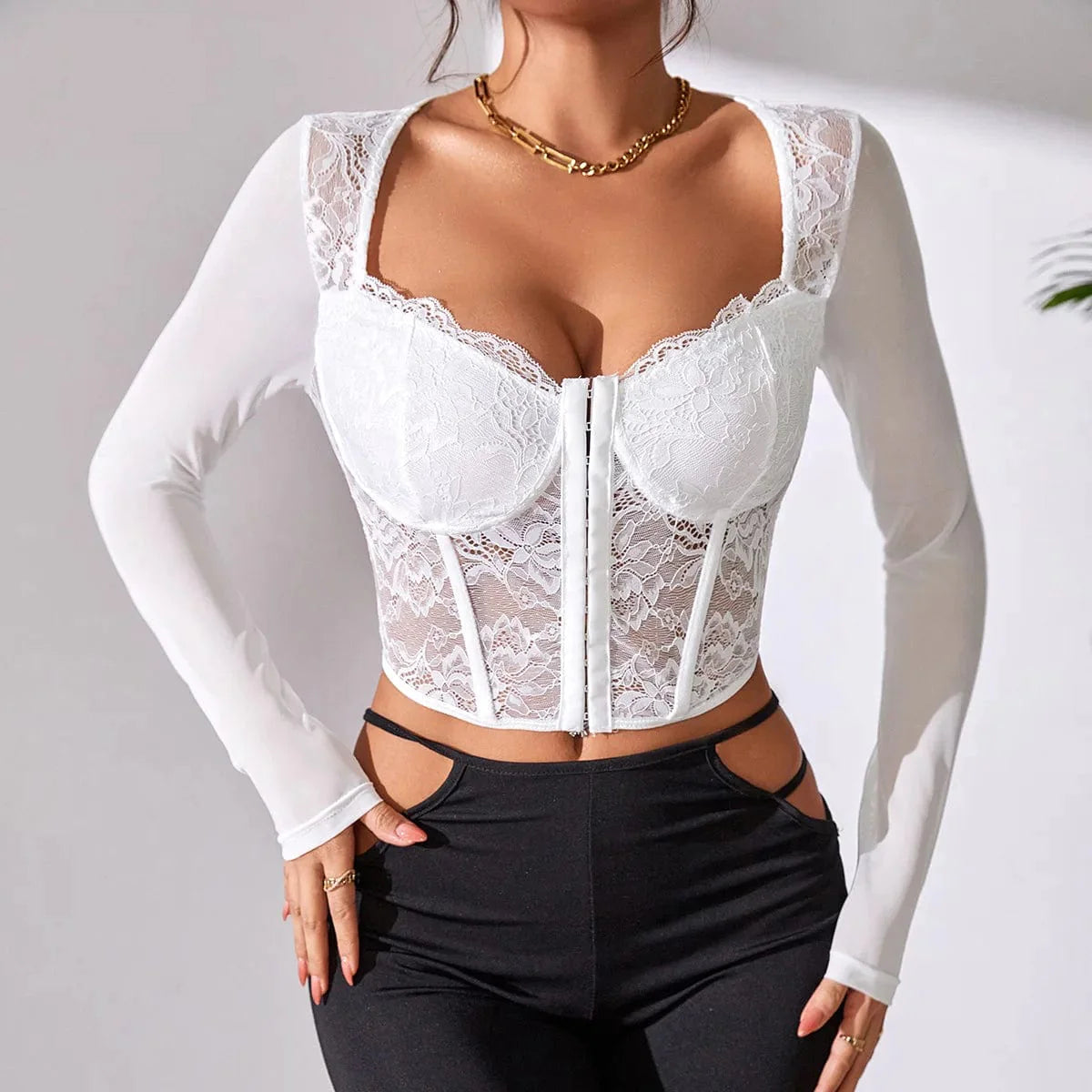 Backless Sexy Lace Long Sleeve Women's Blouse Floral Embroidery Bodycon Crop Top