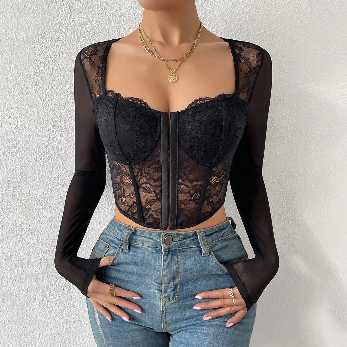 Backless Sexy Lace Long Sleeve Women's Blouse Floral Embroidery Bodycon Crop Top