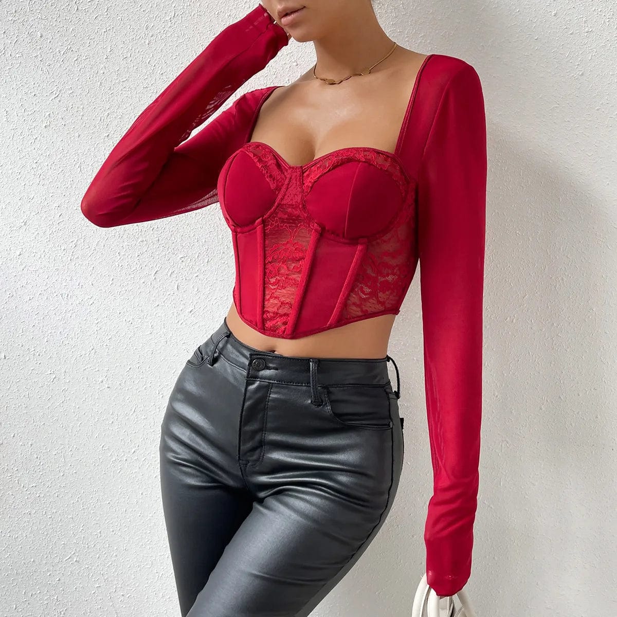 Chic Sexy V Neck Long Sleeve Women's Mesh Crop Top Lace Embroidery Hollow Out Slim Blouse