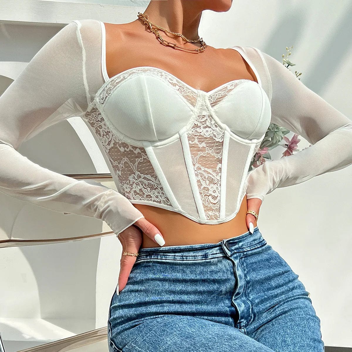 Chic Sexy V Neck Long Sleeve Women's Mesh Crop Top Lace Embroidery Hollow Out Slim Blouse