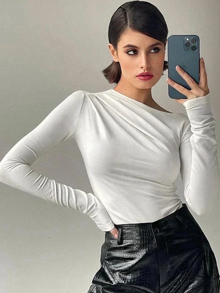 Sexy Skinny Ruched Long Sleeve Knitted Pullover: Women's Cropped Streetwear Top