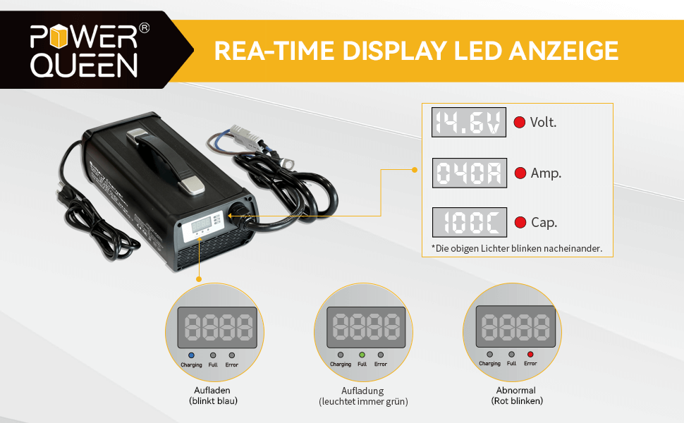 Chargeur de Batterie au Lithium 14,6V 20A POWER QUEEN pour Les Batteries  LiFePO4, LED pour Afficher l'Etat de Charge, Chargeur Batterie 12V avec 4