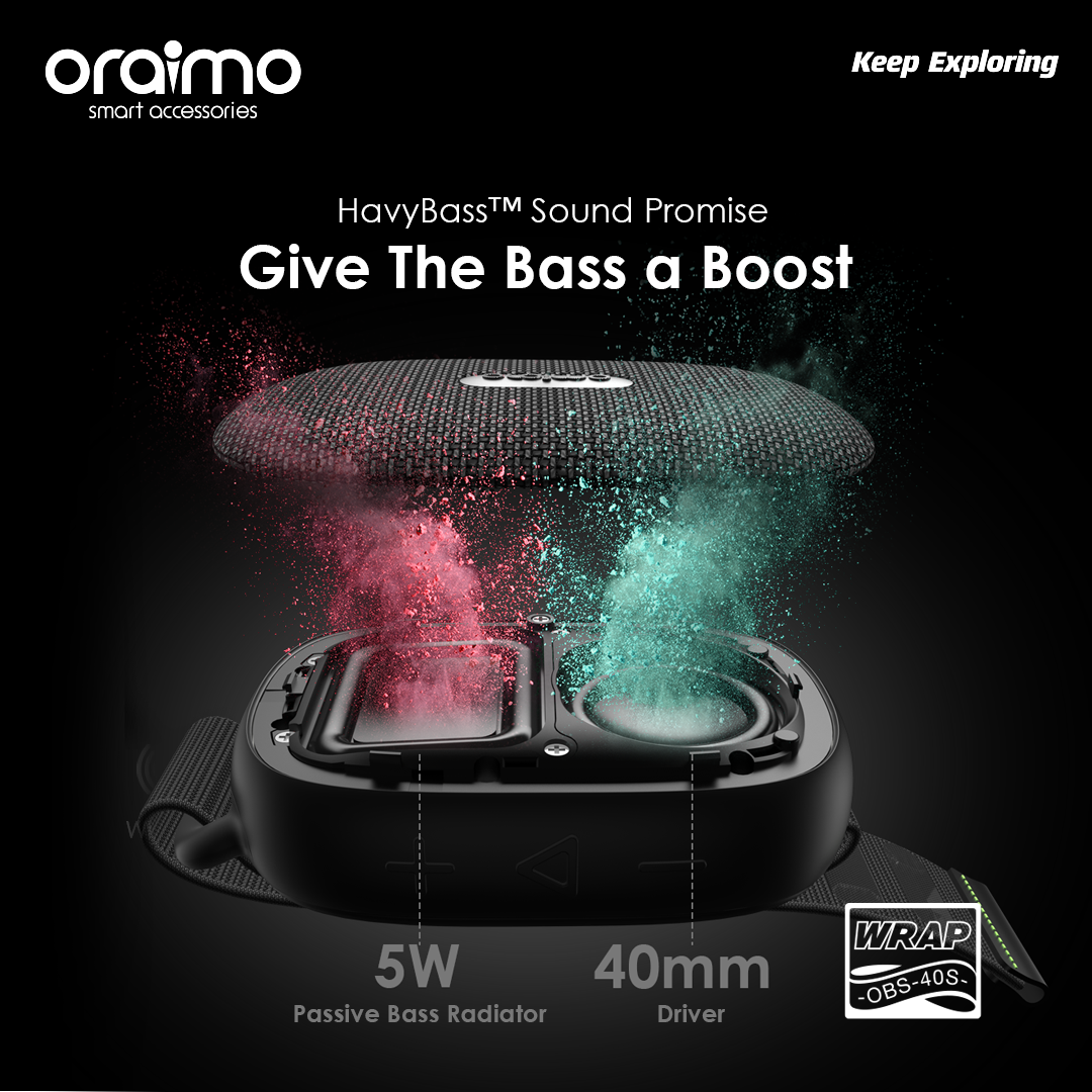 Oraimo Wrap Heavy Bass Strap Design Portable Wireless Speaker OBS-40S, Bluetooth, FM, SC Card, AUX - Black