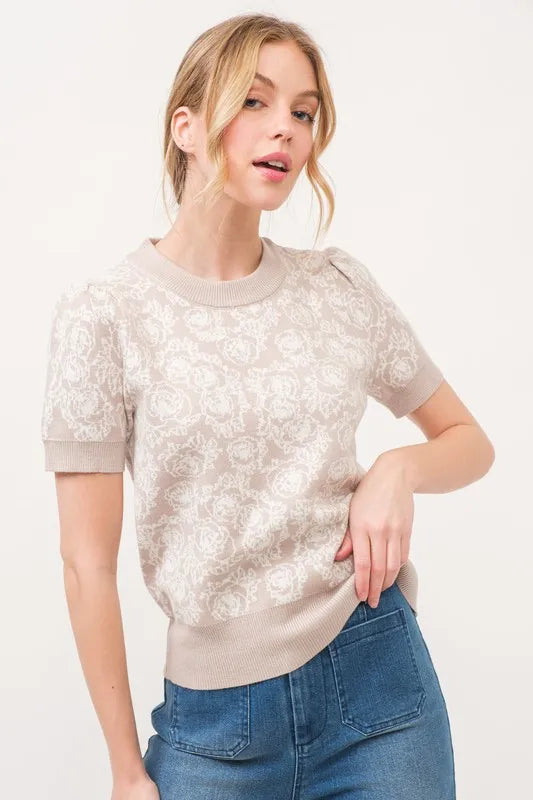 And The Why Short Sleeve Rose Pattern Knit Top