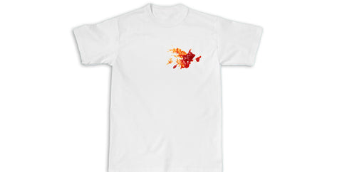 A classic white t-shirt featuring a distinctive red ketchup stain, adding a touch of unexpected character to the otherwise clean and simple garment.