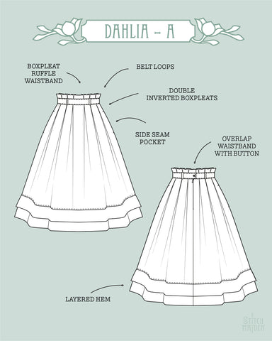 Dahlia Skirt PDF Sewing Pattern for women with inverted box pleats, gathering and romantic ruffles