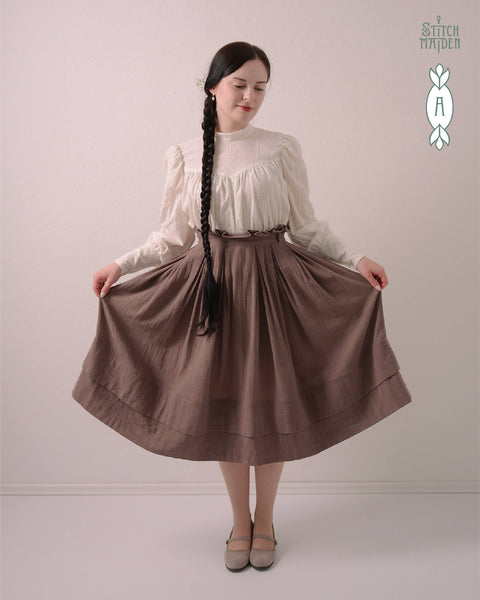 Dahlia Skirt PDF Sewing Pattern for women with inverted box pleats, gathering and romantic ruffles