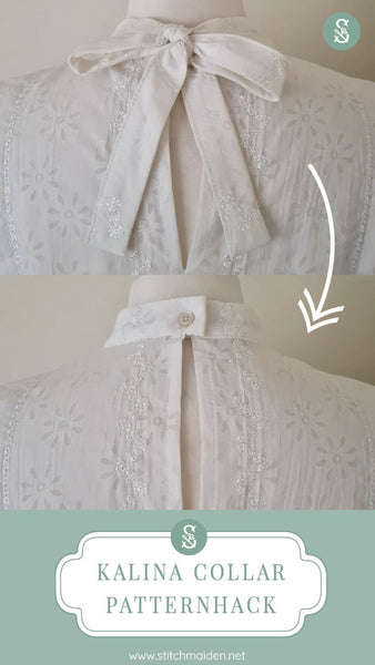 Patternhack: Before and After of the sewing pattern alteration. How to turn a bow collar into a button collar