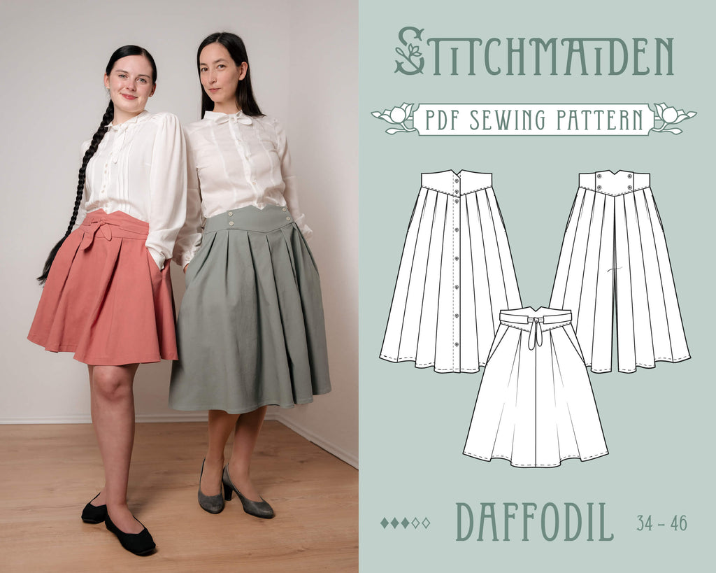 daffodil pdf sewing pattern stitchmaiden 3 versions 3 in 1. secret pants, culottes, tie front, buttonplacket, buttons. Historybounding and victorian cottagecore fashion style