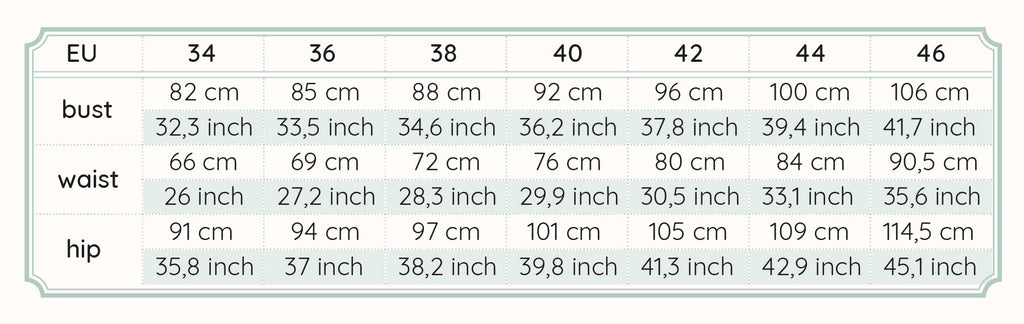 Stitchmaiden Size Chart SIzing Information for PDF Sewing Patterns 