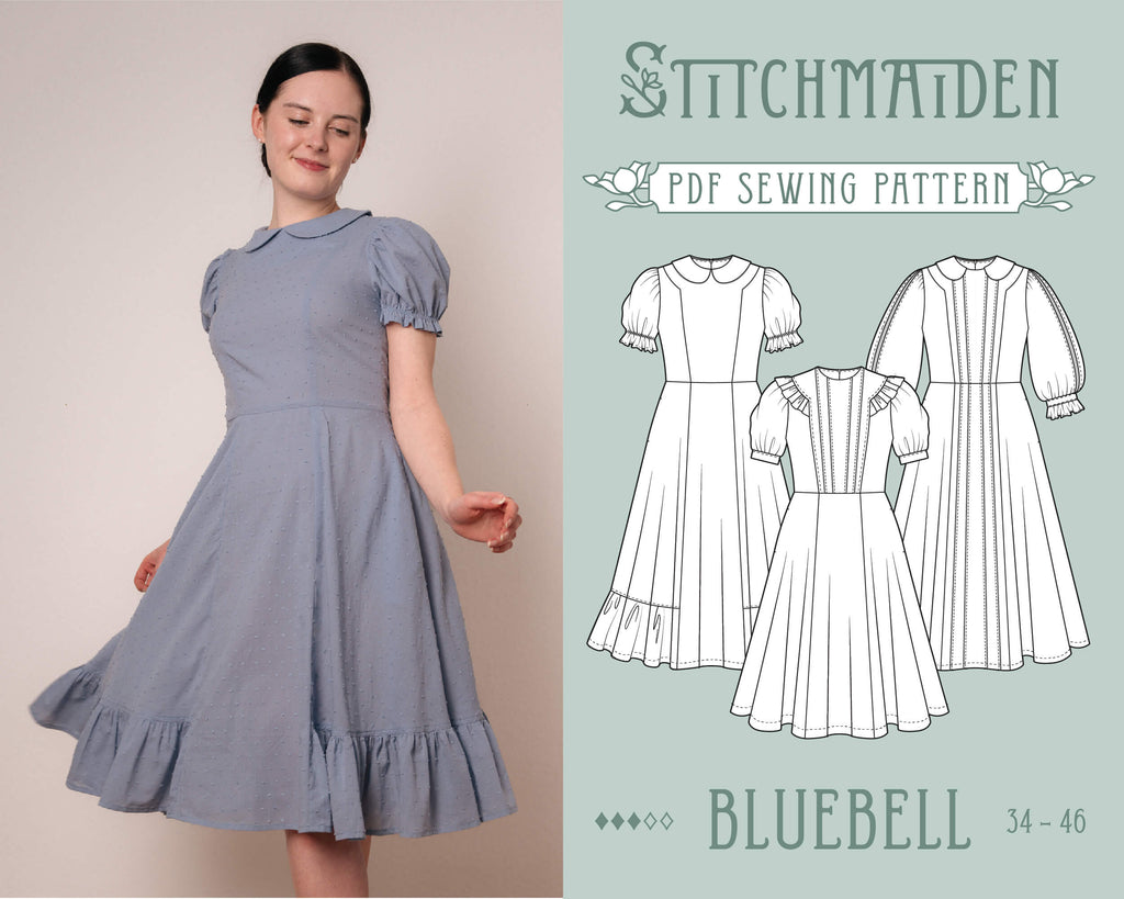 bluebell dress pdf sewing pattern. stitchmaiden. 3 versions. 3 in 1. alice in wonderland fashion style, cute, girly, feminine but historybounding cottagecore style. cosplay 