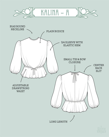 Kalina Version A gibson girl blouse description. Plain version with tied back and long bodice