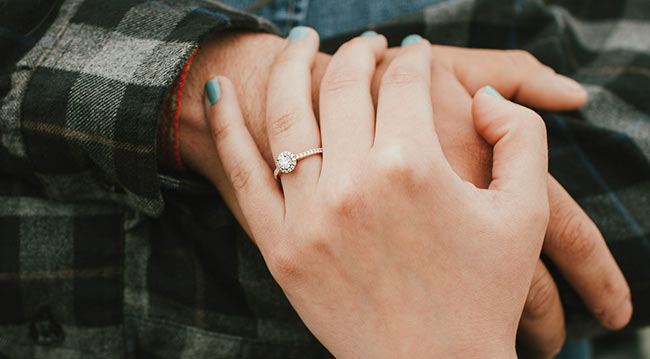 lab-grown diamond engagement ring on hand