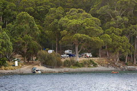 Campers is setting up in the forest and seaside at Fortescue Bay.