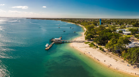 Drone view of Bongaree Jetty on Bribie Island, Sunshine Coast, Queensland, Australia, good for 4WD adventure. 