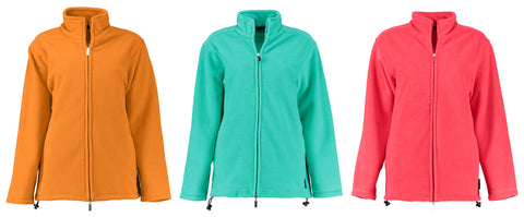 Colored fleece jackets with zipper.  Lightweight & breathable midlayer for outdoor activities like hiking & camping.