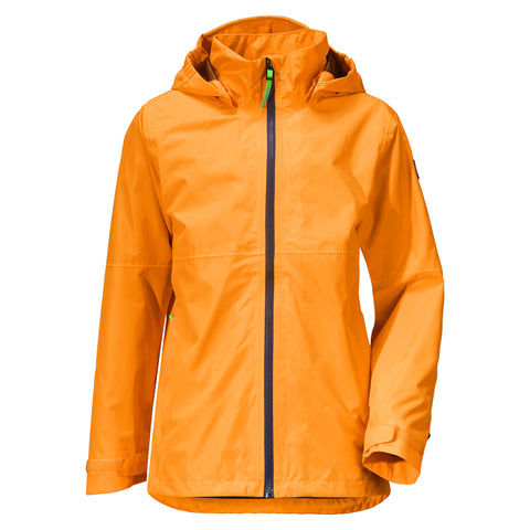 Orange waterproof jacket with hood. Best outdoor clothing for hiking travel.