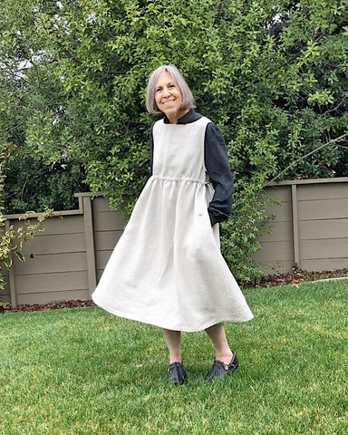 Ellen Pinafore dress sewing pattern tester