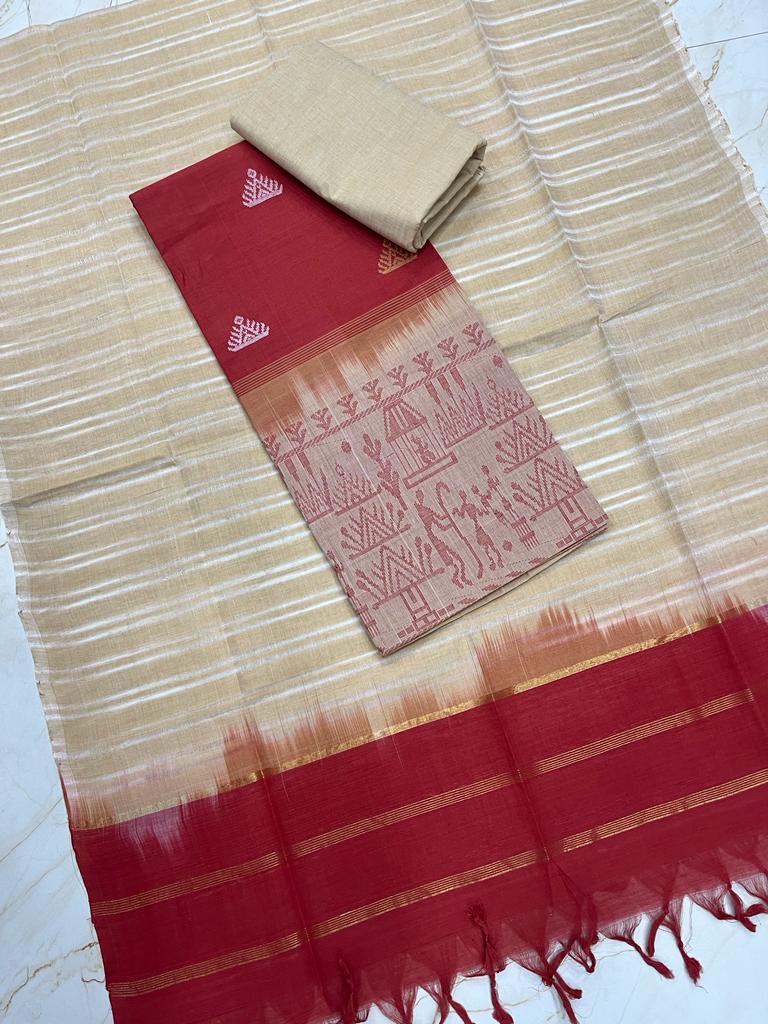 100711 Sambalpuri Handloom Cotton Dress Materials With Dupatta Set