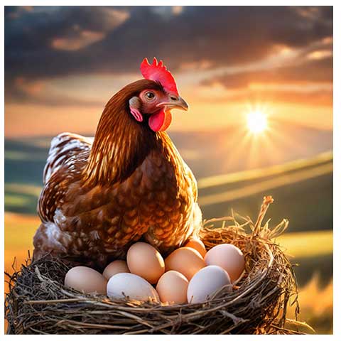 Brown Hen on Nest of Eggs
