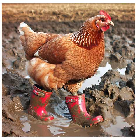 Chicken wearing wellies in mud