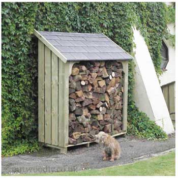 Okeford Log Store full of logs, with Terrier