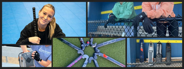 collage of  images featuring field hockey sticks, players, bags, and gloves