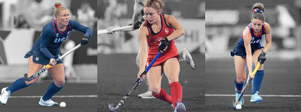 Black and white collage image with field hockey players in color.