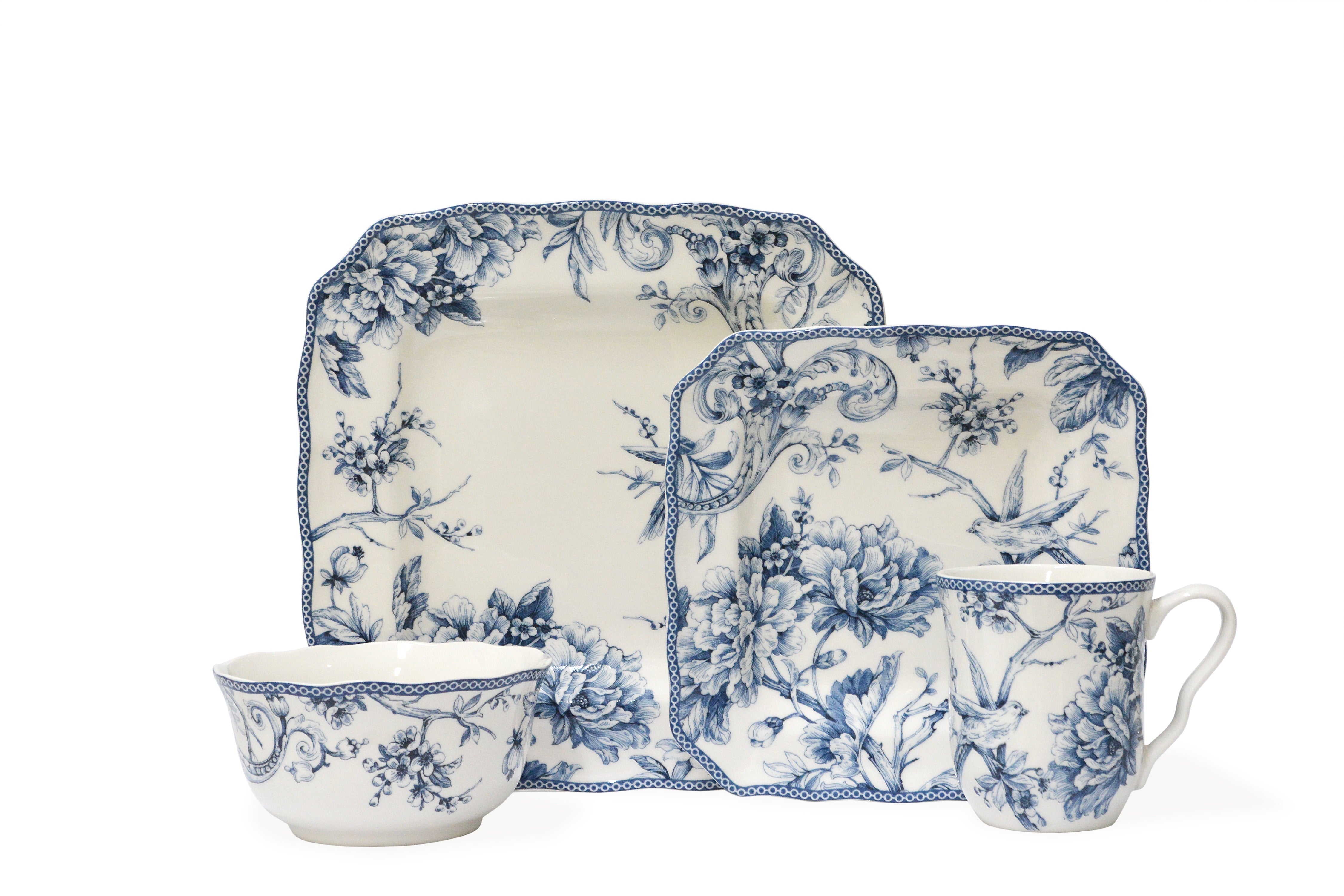 Adelaide Square Porcelain Dinnerware Set, 16-Piece, Blue Toile