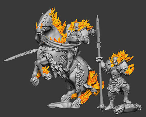 A Narzugon - a fallen paladin in heavy armour both on an armoured flaming horse and on foot.  This version of the model has a flaming skull for a head instead of a helmet
