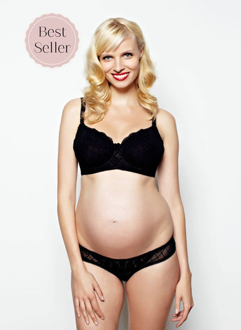 Pregnant woman wearing Cake Lingerie’s Licorice Twist bra 