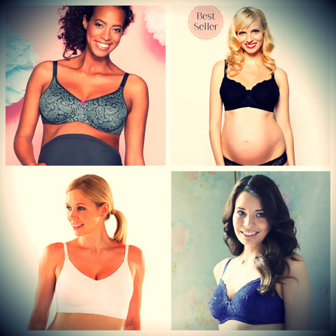 collage of 4 women wearing maternity bras