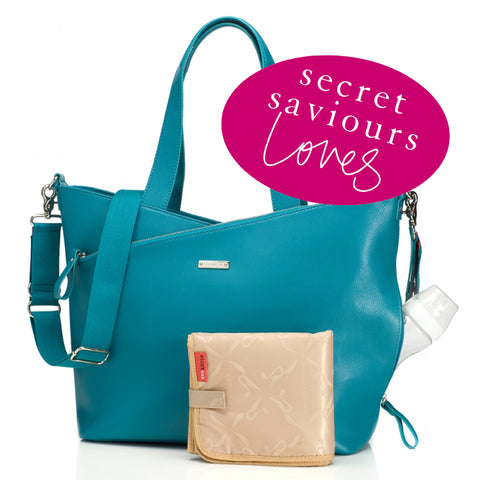 Beautiful teal colour Storksak’s leather Lucinda tote bag.