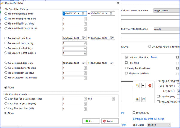 Copy files based on timestamp or size filter