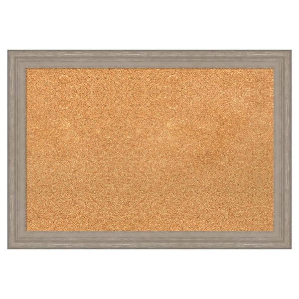 Curve Greywash Wood Framed Natural Corkboard 27 in. x 19 in. Bulletin Board Memo Board