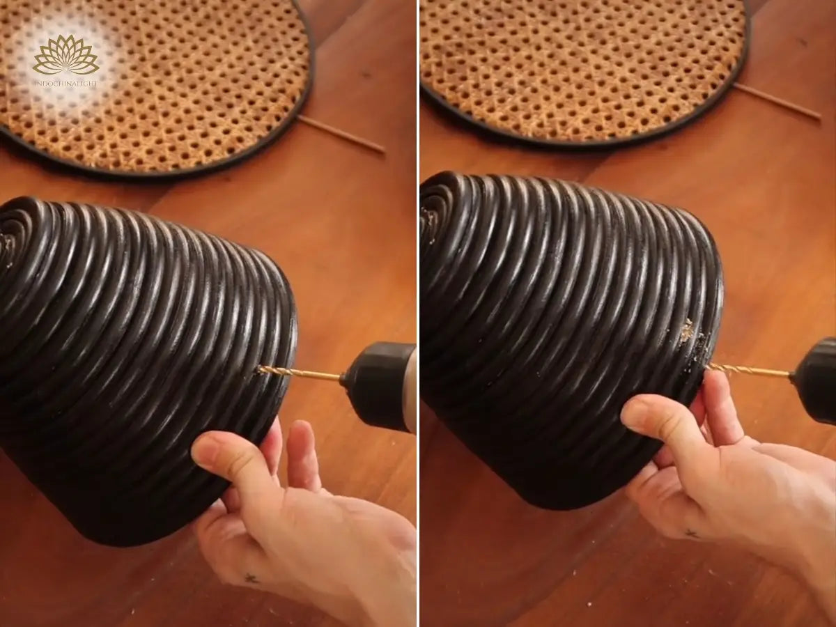 Drill similar small holes around the vase to match the holes in the embroidery hoops