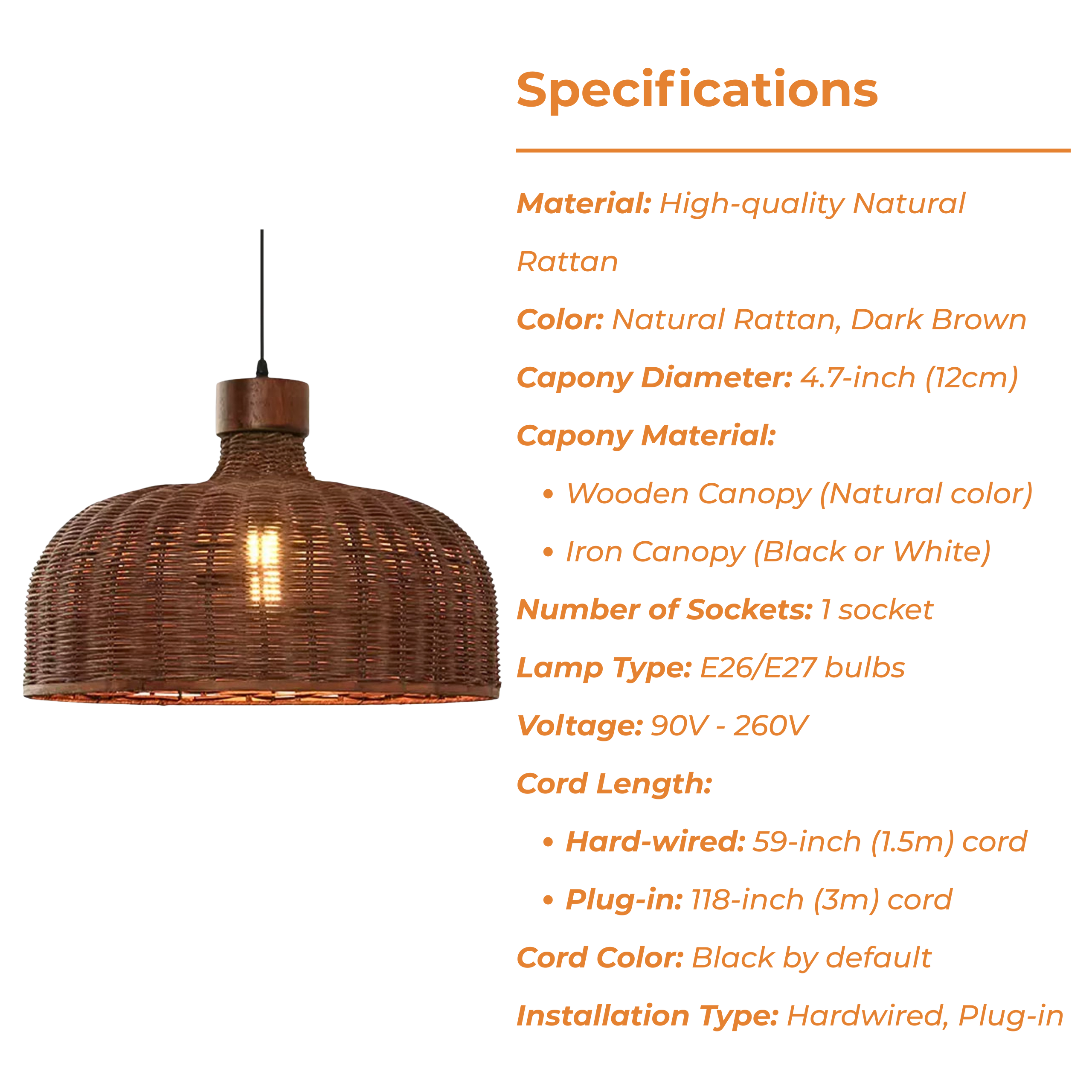 Sago Rounded Rattan Pendant Light's Specifications