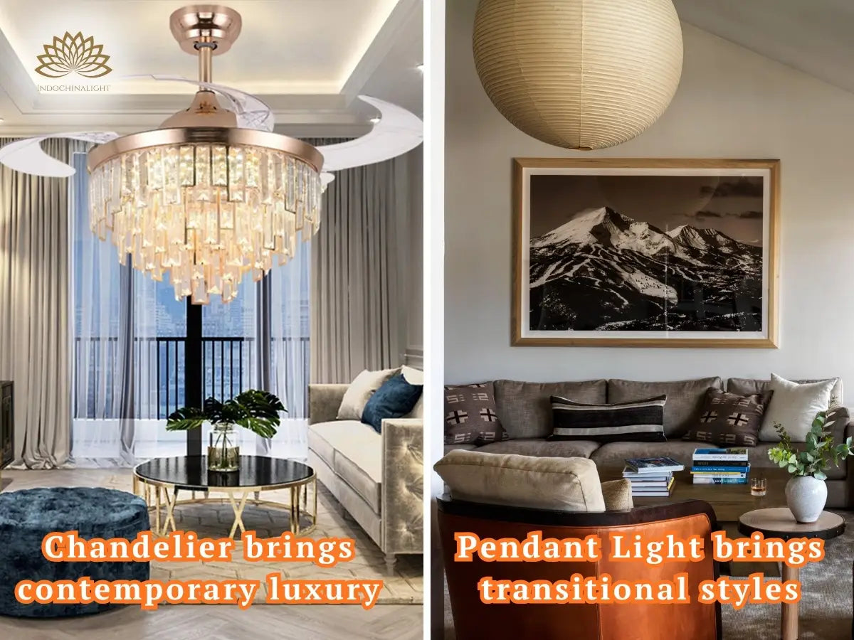 Chandeliers bring luxury vibe, while pendant lights emphasize transitional styles