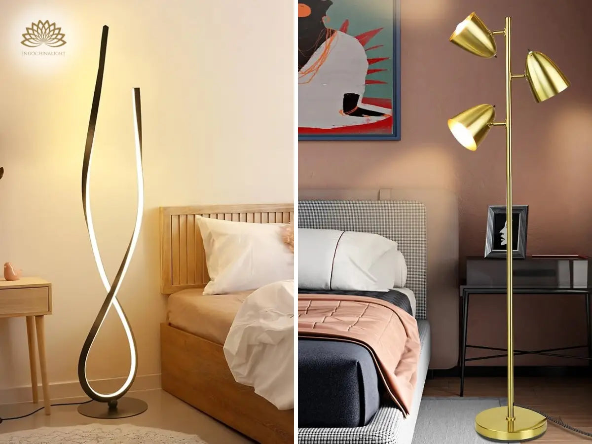 Elegant floor lights offer warm, inviting illumination, enhancing bedroom comfort